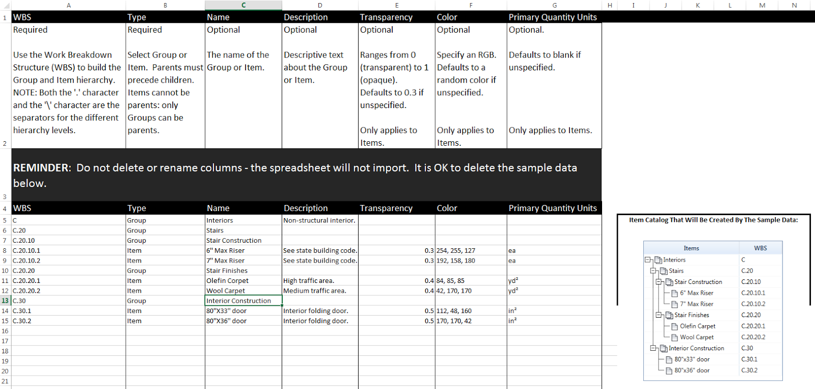 Excel template for download Navisworks Quantification Catalog Creation