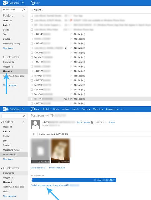 View WP8 SMS Text Message Backup in Outlook